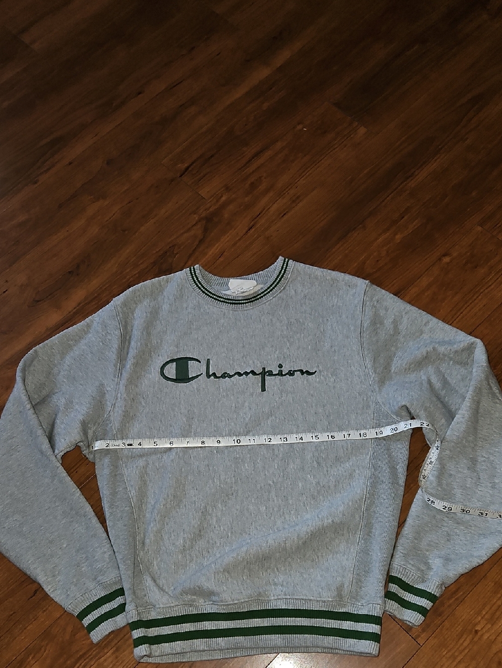 Champion Men's Gray Crewneck Sweatshirt with Green Logo